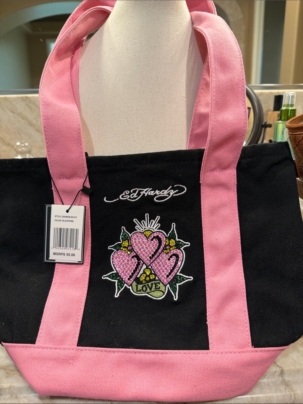 Ed Hardy Black and Pink Canvas Tote with Embroidered Love Hearts NWT